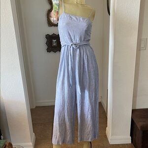J. Crew Soft Blue Striped Tie-Waist Jumpsuit
